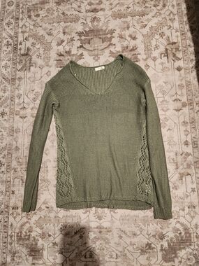 Harper Olive Green V-Neck Knit Sweater with Side Lace Panels